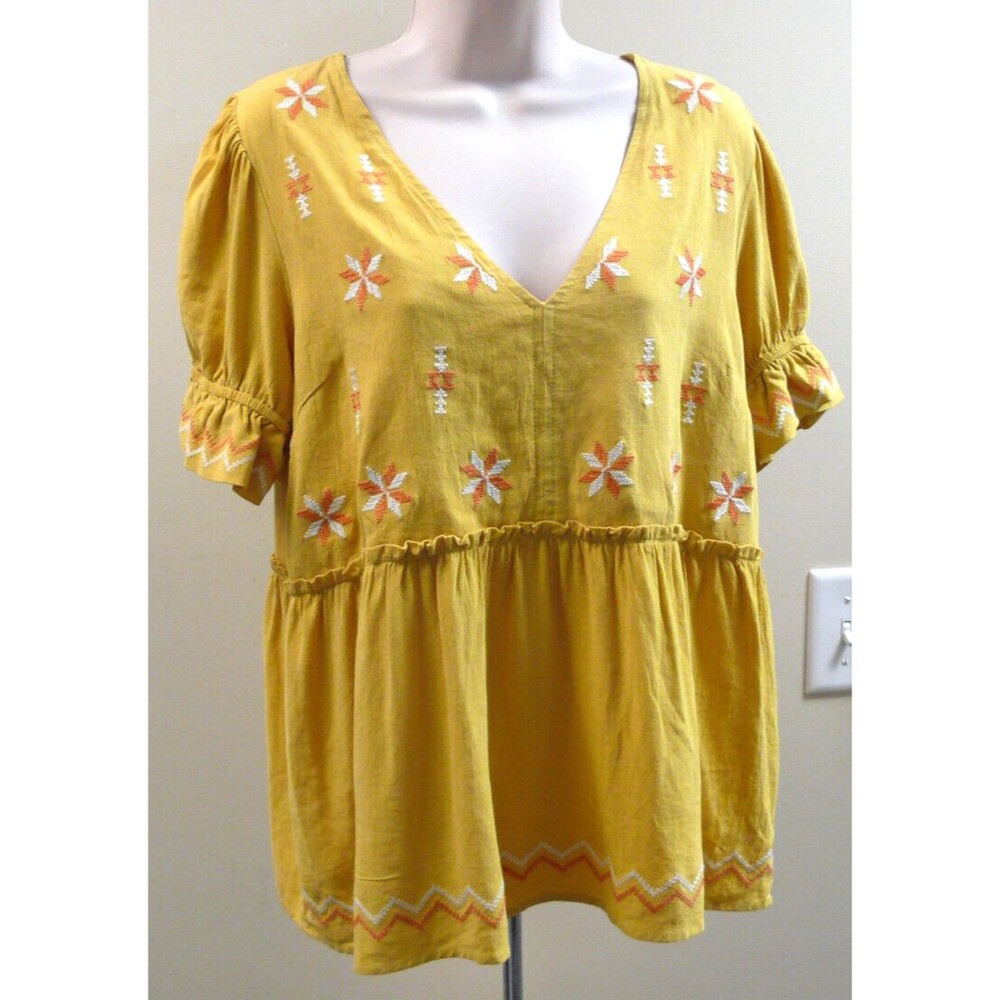 Heyson Boho Ruffled shirt Top embroidered babydoll mustard yellow MEDIUM aztek